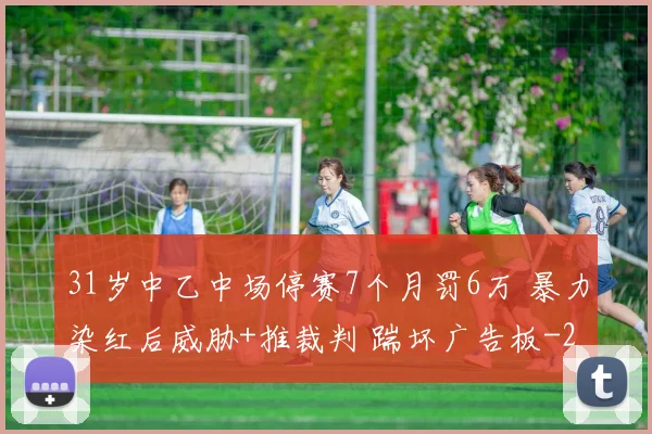 31岁中乙中场停赛7个月罚6万 暴力染红后威胁+推裁判 踹坏广告板